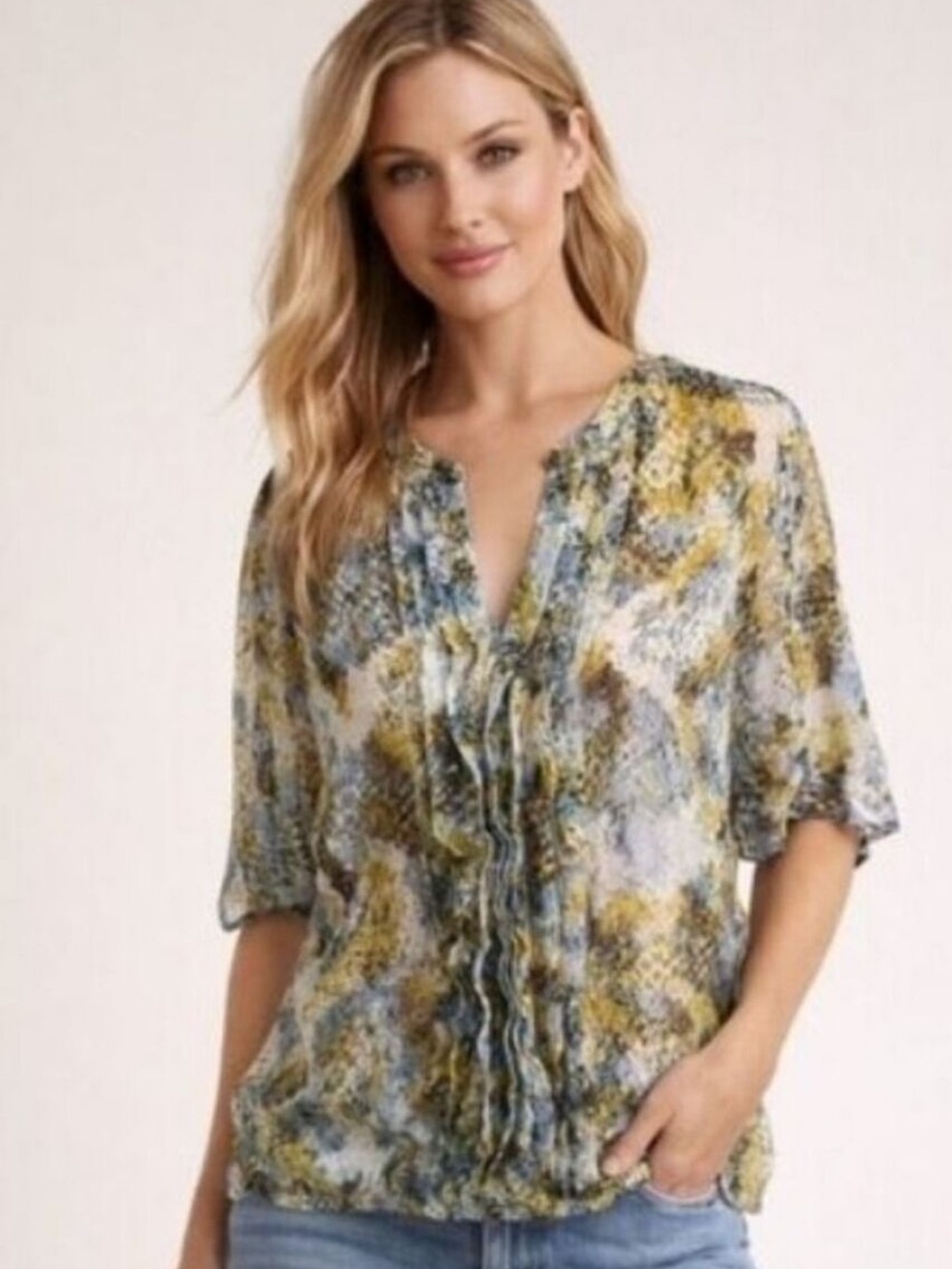 Banana Republic Snake Reptile Print Short Sleeve Split Neck Blouse Top